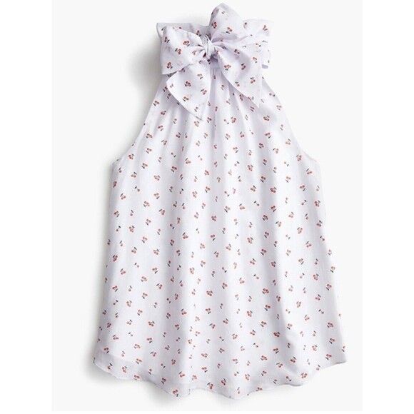 J Crew Tie Neck Cherry Print Blouse Sleeveless Top White Halter Silk Cotton 6 - Picture 4 of 14